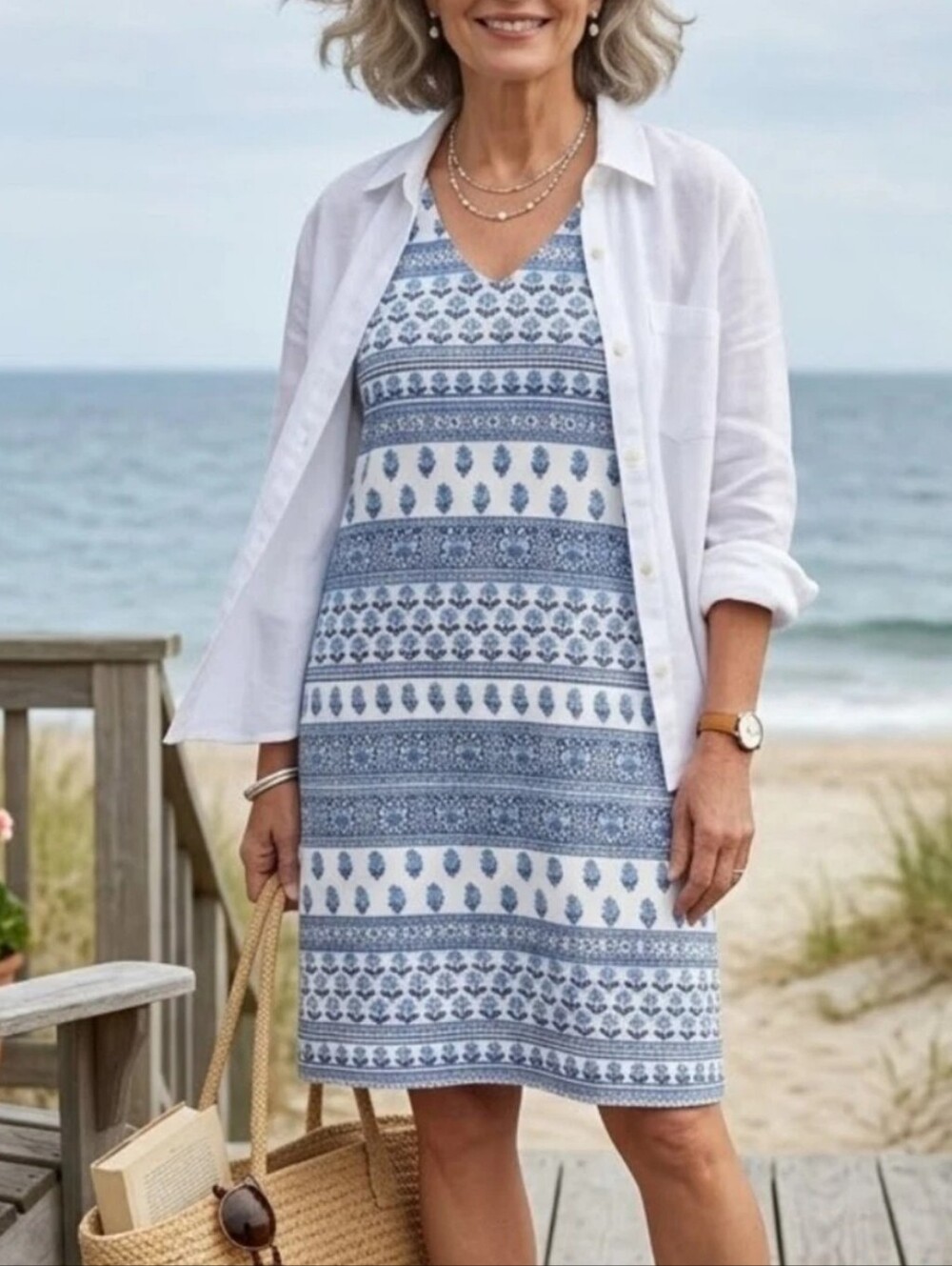 New XS Petite J. Jill Blue White Printed Mini Summer Floral Dress Wearever